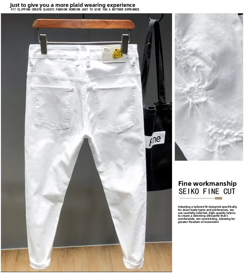 Spring New Ripped Jeans Men's Slim-fitting Elastic Simple Solid Casual Trousers Trendy Men's Trousers White Denim Jeans Hombre