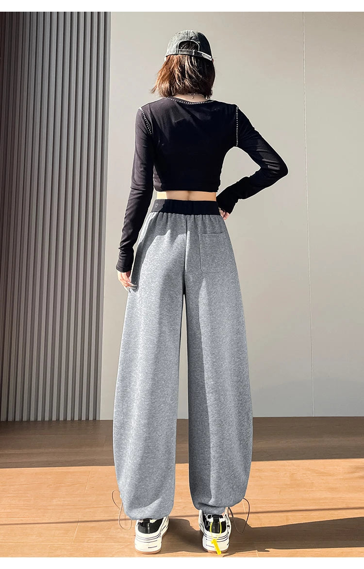 American style sports pants women in autumn and winter 2025 new style thick drawstring color blocking wide leg pants
