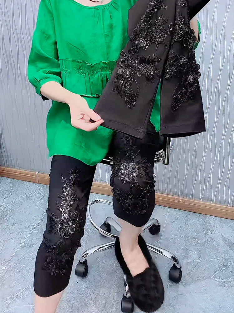 European Heavy Industry sequin bead design fashioneight point cigarette tube pants women's elastic high waist slim casual pants