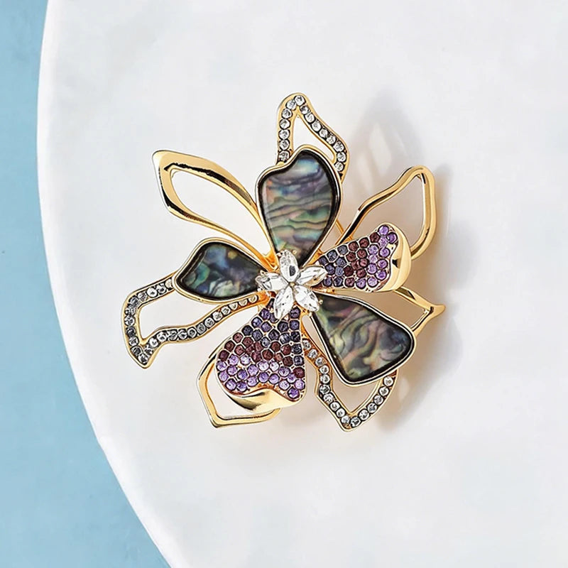 PENDRA Flora Double-Layer Rhinestone Enamel Flower Brooch