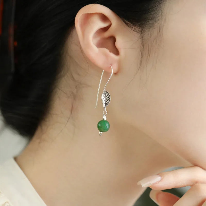 VENTFILLE Silver Color Leaf Drop Earrings For Women Girl Plant Retro Hotan Jade Ethnic Design Jewelry Gift Dropshipping