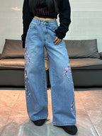 American Vintage Floral Embroidery Design Blue Baggy Jeans Women Y2K Street Fashion Trendy Versatile Comfortable Wide-Leg Pants