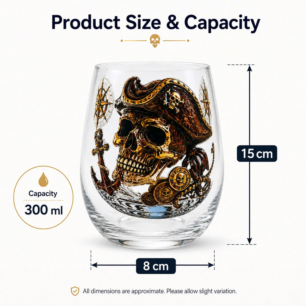 Vintage Pirate Captain Skull Stemless Whiskey Glass Nautical Anchor Compass Treasure Coin Print Heavy Base Bar Decor Tumbler