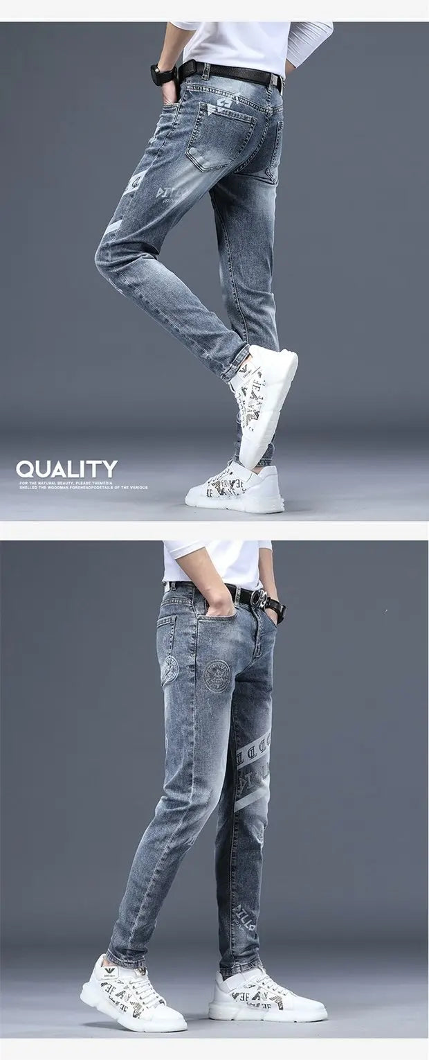 Spring Summer White Hot Drill Ripped Cowboy Korean Style Streetwear Men Washed Luxury Holes Slim Hip-hop Stylish Jeans Trousers