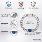 Chunky Cuban Chain Bracelets for Men Boys,Embossed Stainless Steel Chain Link Wristband with Blue Stone,Retro Jewelry Gift