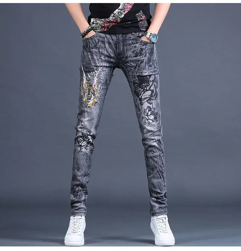 Spring and Autumn 2025 New Men's Jeans Gray Trendy Tiger Head Hot Diamond Printing Slim-fit Small Feet Trousers Men's Clothing