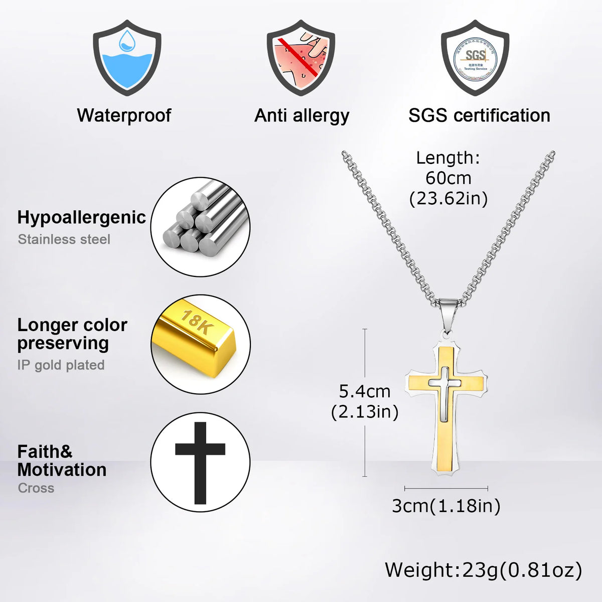 3D Cross Pendant Necklaces for Men Boys,Black Gold Color Stainless Steel Cross Necklace,Hiphop Punk Party Gift