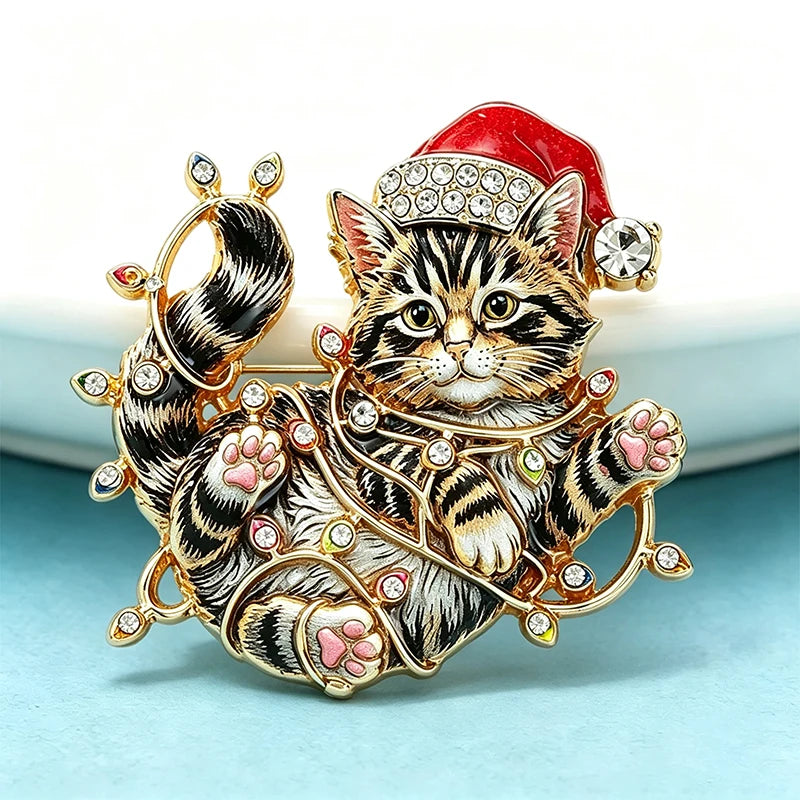 PENDRA Lights Rhinestone Christmas Cat Brooch