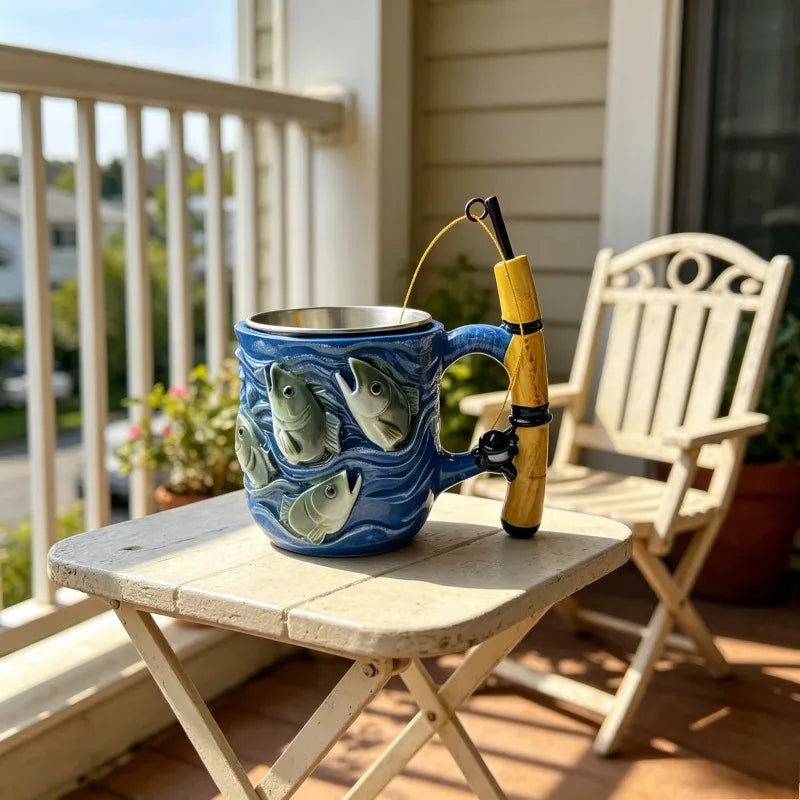 Funny Fishing Rod Handle Coffee Mug 3D Fishing Embossed Stainless Steel Cup for Men Collect Decor Family Ornament Collection