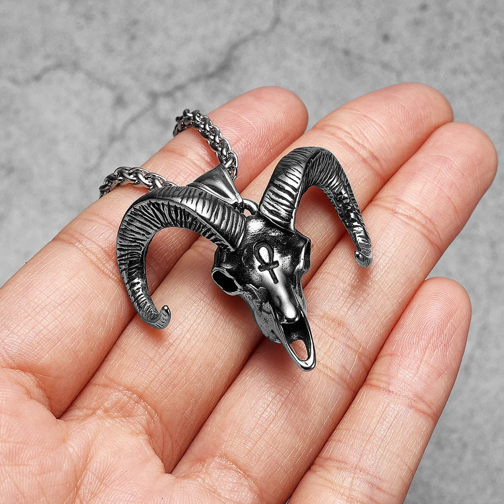 Goat Skull Men's Stainless Steel Pendant Necklace Gothic Egyptian Cross Symbol Occult Jewelry Punk Biker Animal Sweetwear Gift