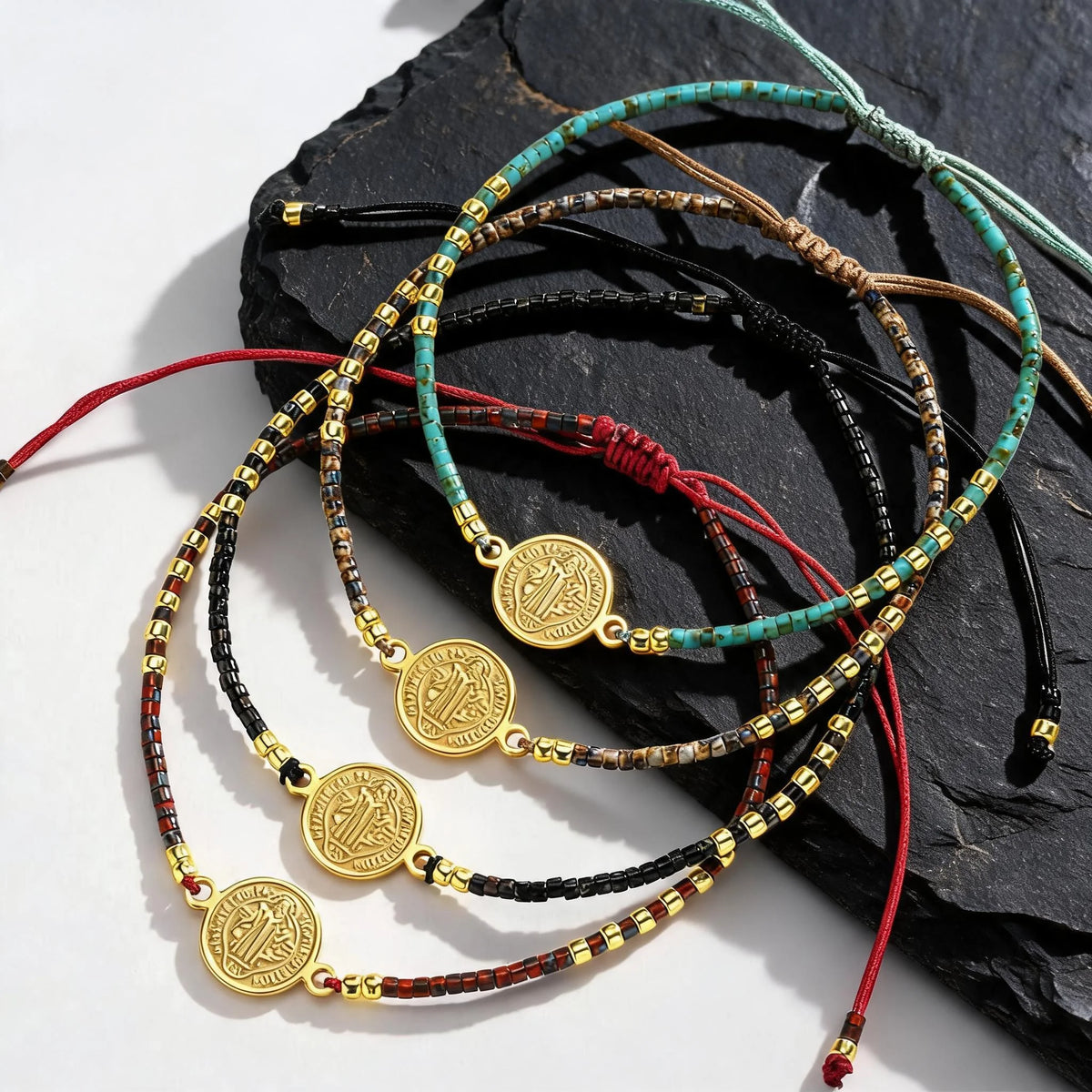 Saint Benedict Mini Beaded Bracelets for Men,Stainless Steel Round Charm Adjustable Rope Wristband,Bohemian Religious Jewelry