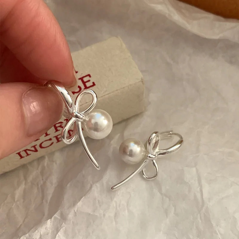 VENTFILLE 925 Sterling Silver Bow Knot Pearl Earring for Women Versatile Korean Design Gift Jewelry Dropshipping