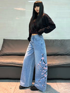 American Vintage Floral Embroidery Design Blue Baggy Jeans Women Y2K Street Fashion Trendy Versatile Comfortable Wide-Leg Pants