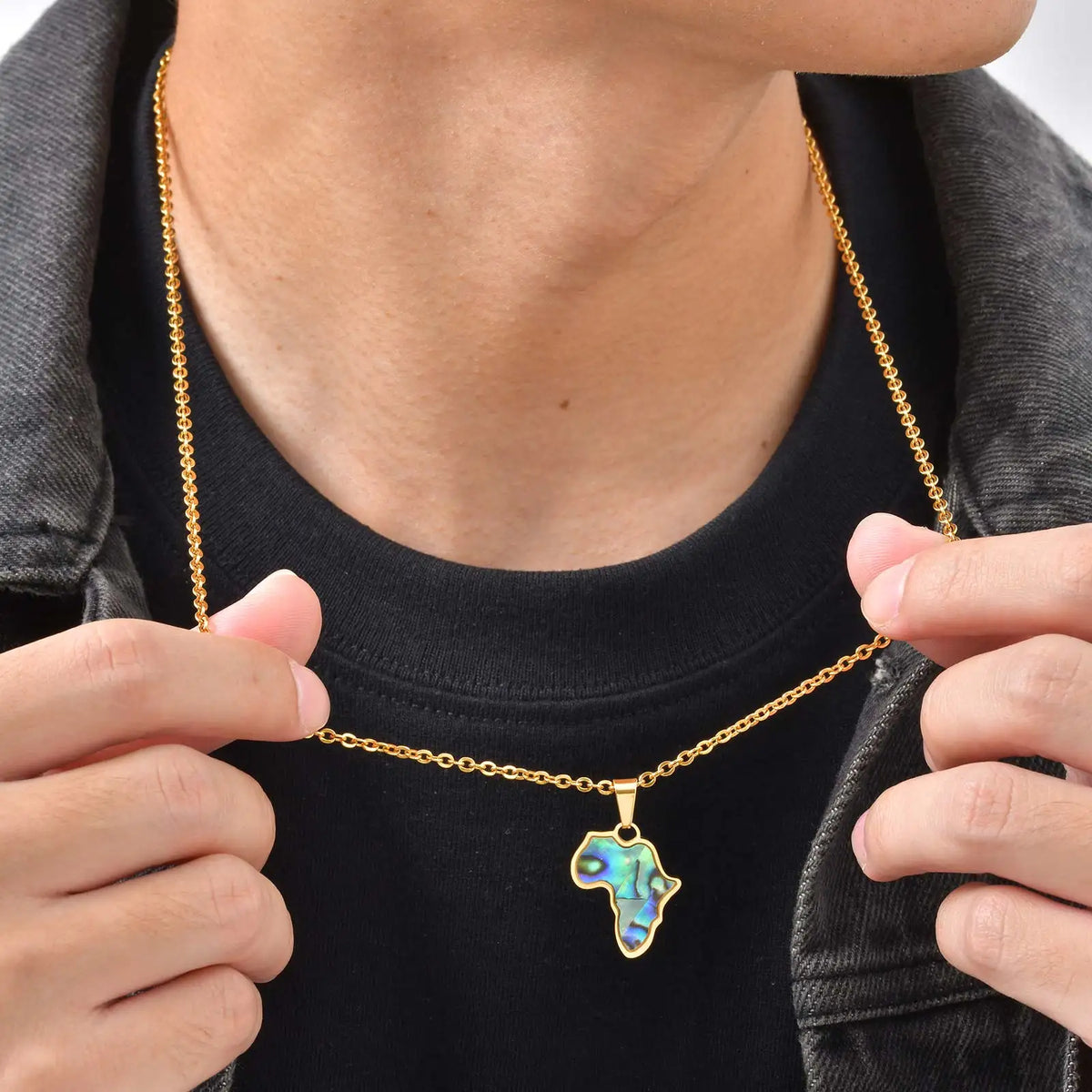African Map Necklace for Men Boys,Gold Color Stainless Steel Abalone Shell Pendant Necklace,Map Jewelry Gift
