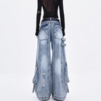 Female Trendy Loose Straight Wide Leg Denim Pants American Style High Street Three-dimensional With ribbons Design Pants