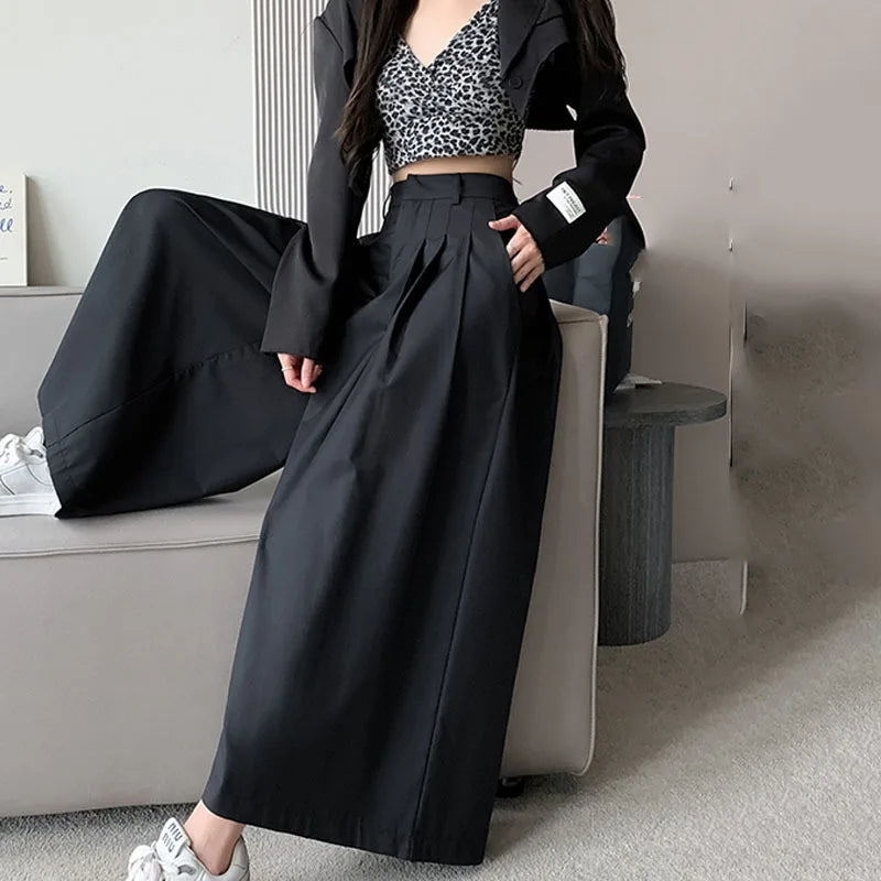 Oversize Wide Leg Pants For Women Gathered Waist Spliced Ruched Casual Solid Long Trousers Female Clothing Summer