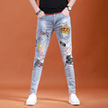 2025 Summer Ripped Jeans Men's Slim-fitting Small Feet Elastic Trousers Trendy Brand Fashion Scratched Patch Cargo Beggar Pants