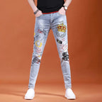 2025 Summer Ripped Jeans Men's Slim-fitting Small Feet Elastic Trousers Trendy Brand Fashion Scratched Patch Cargo Beggar Pants