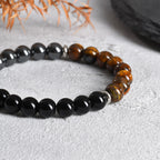 Black Stone Bead Bracelet for Men Boys,Obsidian Tiger Eye Metal Beaded Elastic Wristband,Casual Jewelry Gifts