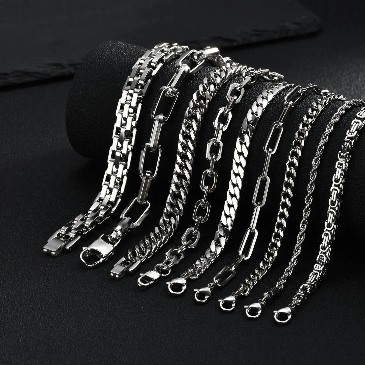 Punk Silver Color Men's Chain Bracelets,Hip Hop Stainless Steel Braided Link Wristband,Classic Metal Jewelry Gift for Him Dad