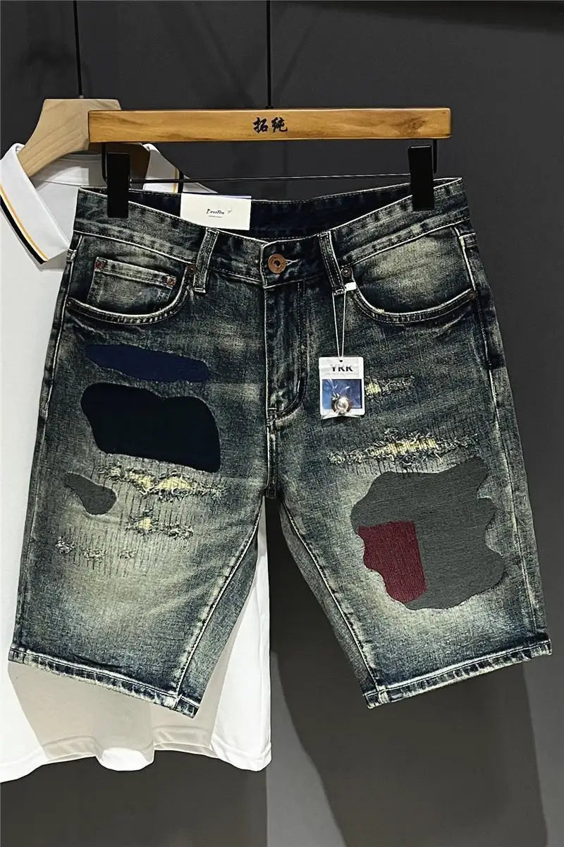 High-end Design Brand Embroidered Elastic Denim Shorts Men's Summer Middle Pants Slim-fitting Korean Breeches Jorts Shorts