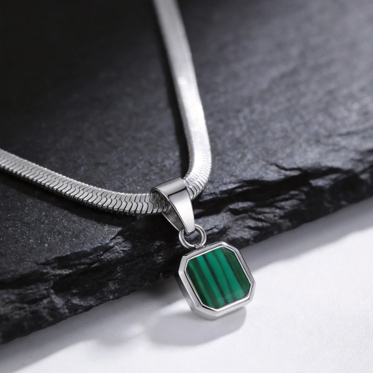 Men's Small Geometric Natural Stone Necklaces,Stylish Stainless Steel Flat Cuban Chain Collars,Hip-hop Punk Jewelry Gift