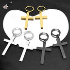 Hip Hop Catholic Cross Hoop Earrings for Women Men Stainless Steel Gold Silver Color Crucifix Statement Earring Jewelry E3476S06