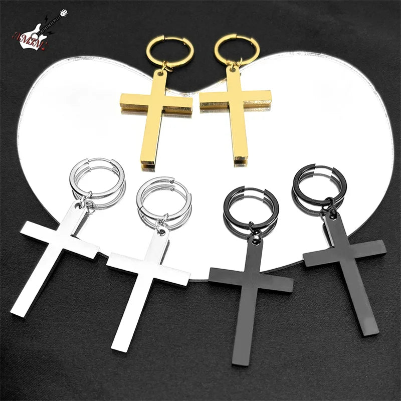 Hip Hop Catholic Cross Hoop Earrings for Women Men Stainless Steel Gold Silver Color Crucifix Statement Earring Jewelry E3476S06