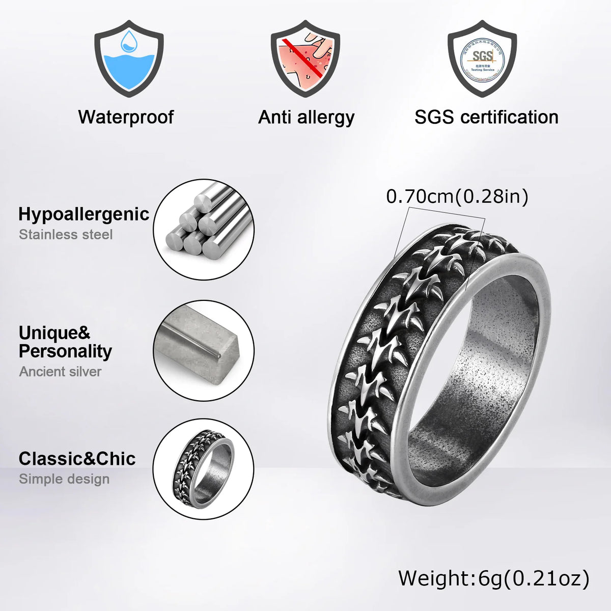 Dragon Spine Ring for Men,Stainless Steel Vintage Punk Biker Band Ring,Gothic Statement Jewelry