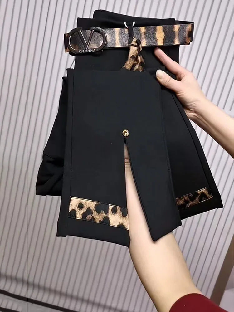 Spring Autumn new color blocking elastic micro bell pants for women high waist slim with leopard print flared cropped pants 2025