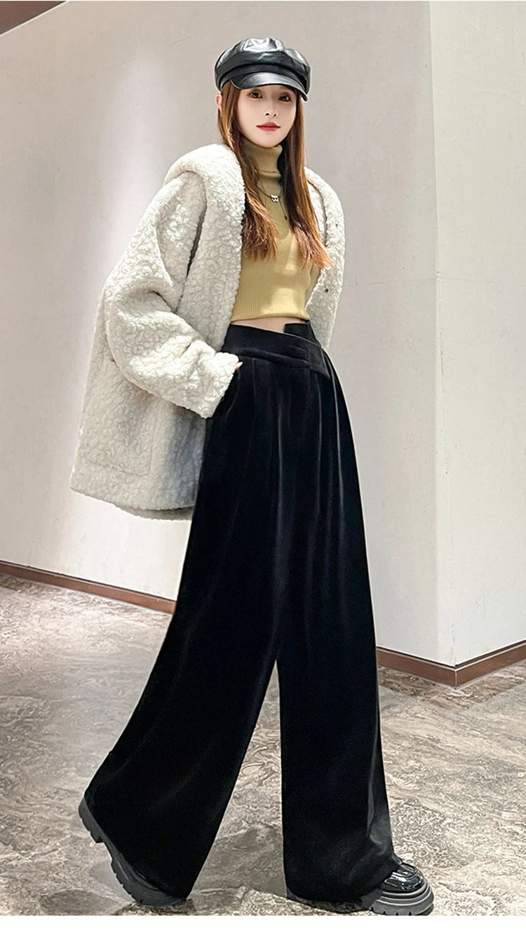 Black Gold Velvet Wide Leg Pants Women Winter Velvet High Waist Drop Feel Straight Tube Versatile Casual Floor Pants