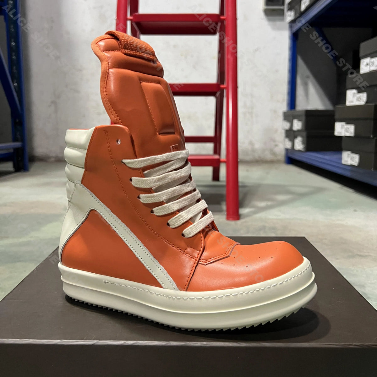 PENDRA Orange Geobasket Orange Leather High-Top Zip Platform Ankle Boots