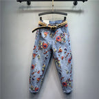 Spring Autumn European Ethnic Style Oversized Printed Jeans Retro Loose Ankle-Tied Harem Trousers Fashionable Denim Pants