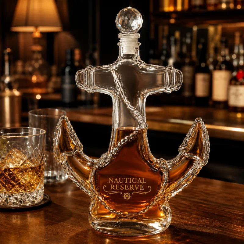 Creative Anchor Shape Glass Spirits Decanter 350ml Whiskey Storage Bottle with Gold Nautical Sticker for Bar Decor Gift