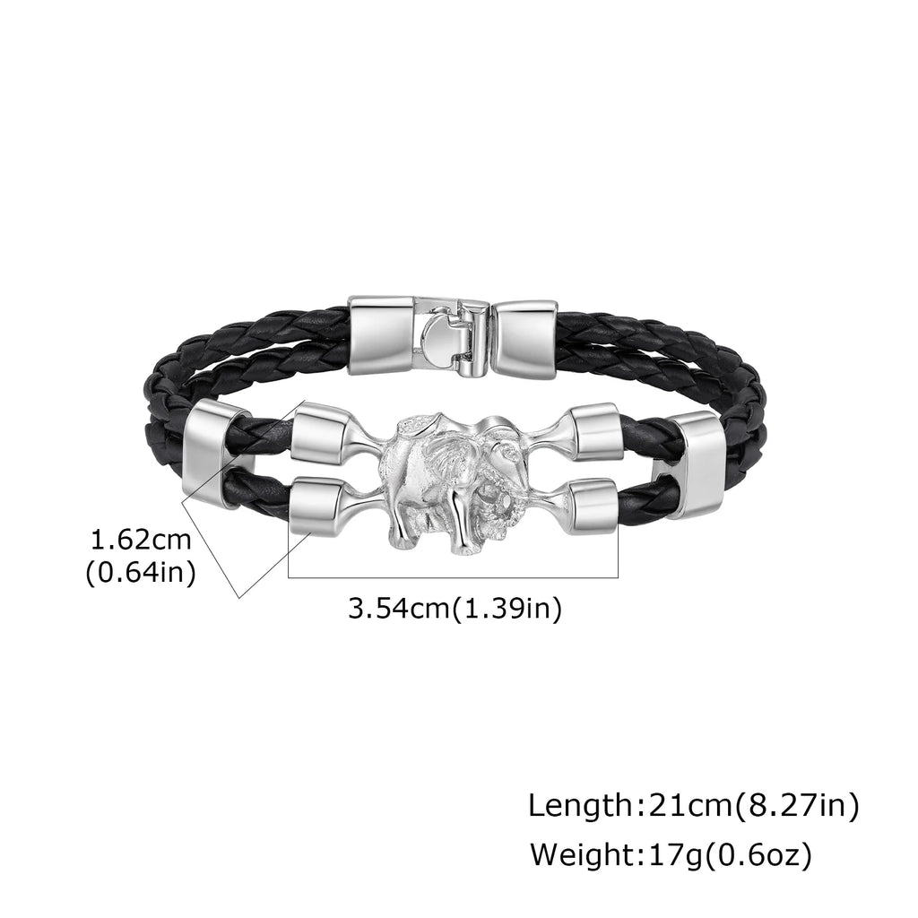 Vintage Elephant Black Leather Bracelet for Men,Trendy Elephant Charms Wristband Gift,An Elephant Never Forgets