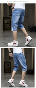 Clothes Y2k Man 2000s Summer Thin Stripe Men's Loose Casual Shorts Korean Denim Luxury  Elastic Waist Knee Pants Black Jeans Man