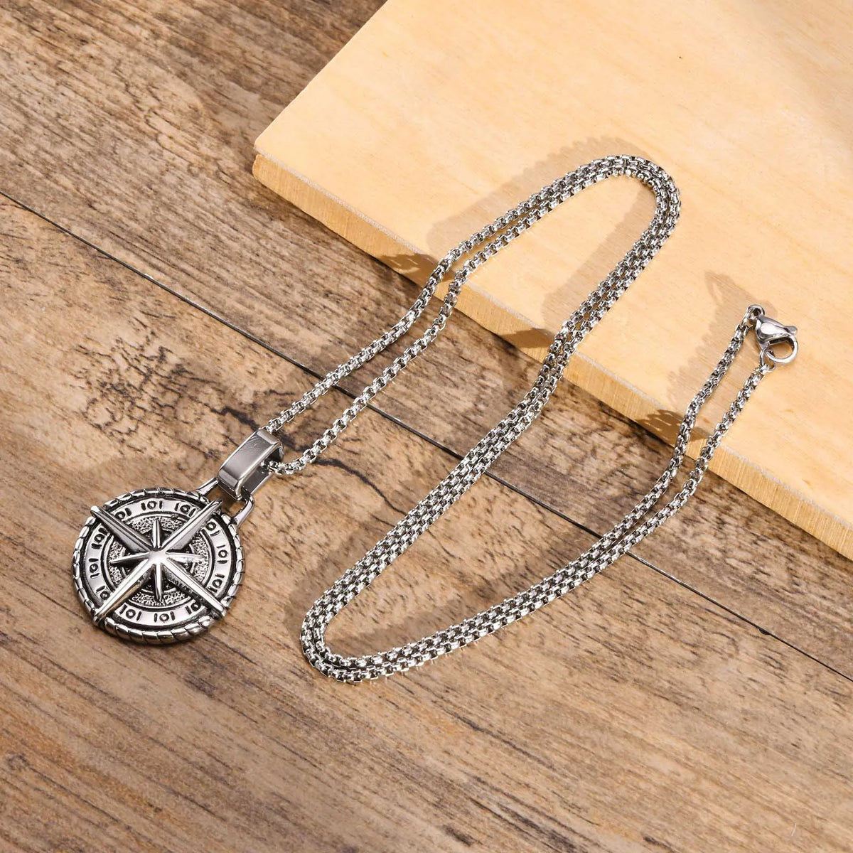 North Star Men Necklace ,Stainless Steel Compass Pendant,Mens Jewelry, Coin Form Handmade Necklace