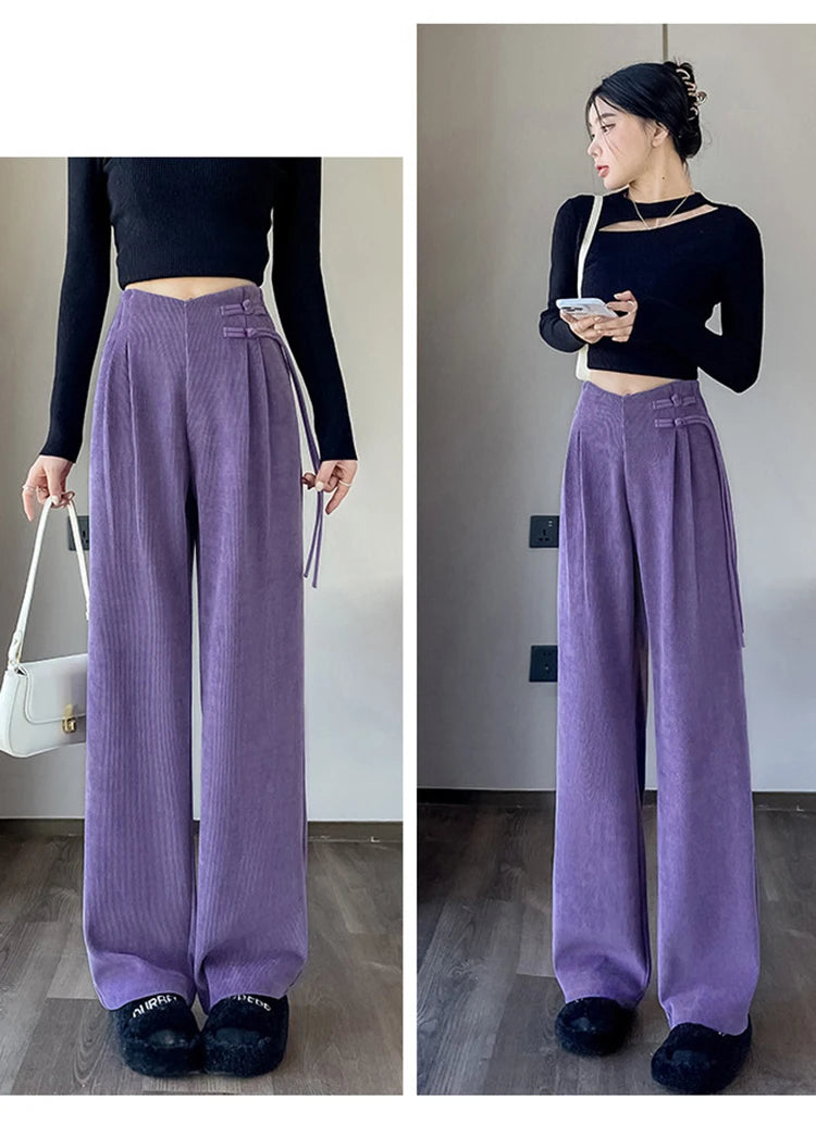 Corduroy pants women autumn and winter new Chinese style buckle casual thick solid color versatile wide leg pants