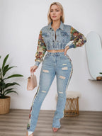 026 New Women's Retro Denim Patchwork Two-piece Suit, Fashionable Side Print Long-sleeved Lapel Jacket and Ripped Slim Jeans, Comfortable Version, Suitable for Daily Wear