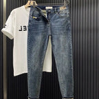 Trendy Brand 2026 Versatile Labeled Jeans for Men Stretch Slim Fit Simple Skinny Pants Trendy Cat Whisker Slimming Cropped Pants