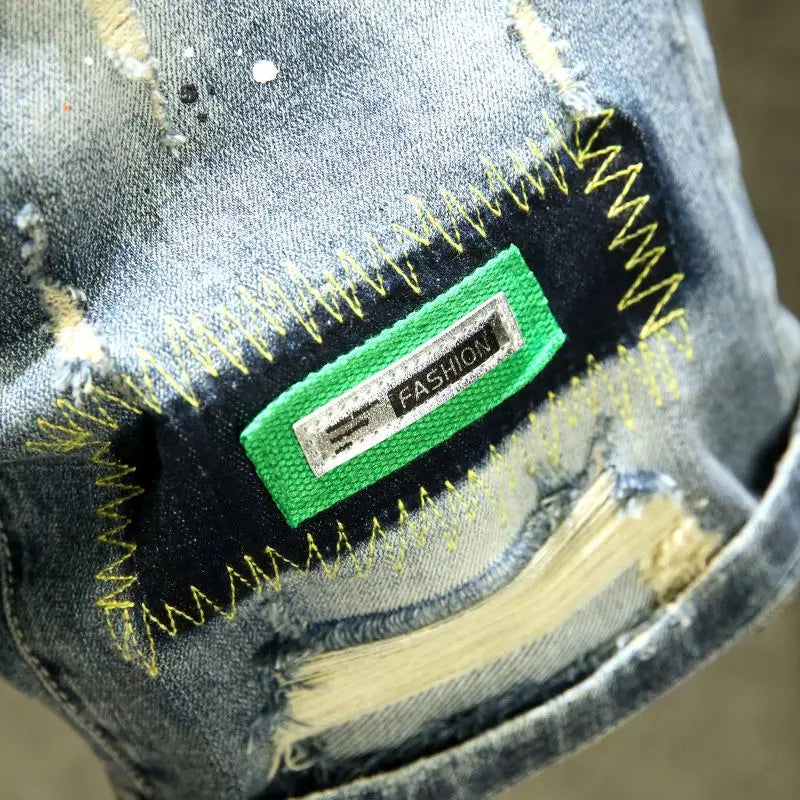 Summer Luxury Trendy Brand Denim Shorts Men's Pants Ripped Slim-fitting Elastic Washed Japanese Embroidery Patch Medium Pants