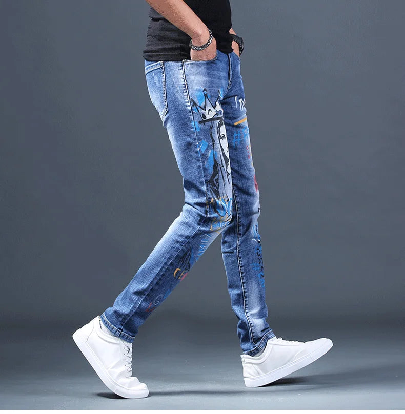 Spring Autumn Harajuku Fashion Art Craft Graphical Paintings 2000s Streetwear Male Slim Boyfriend Stylish Pants Denim Jeans Men