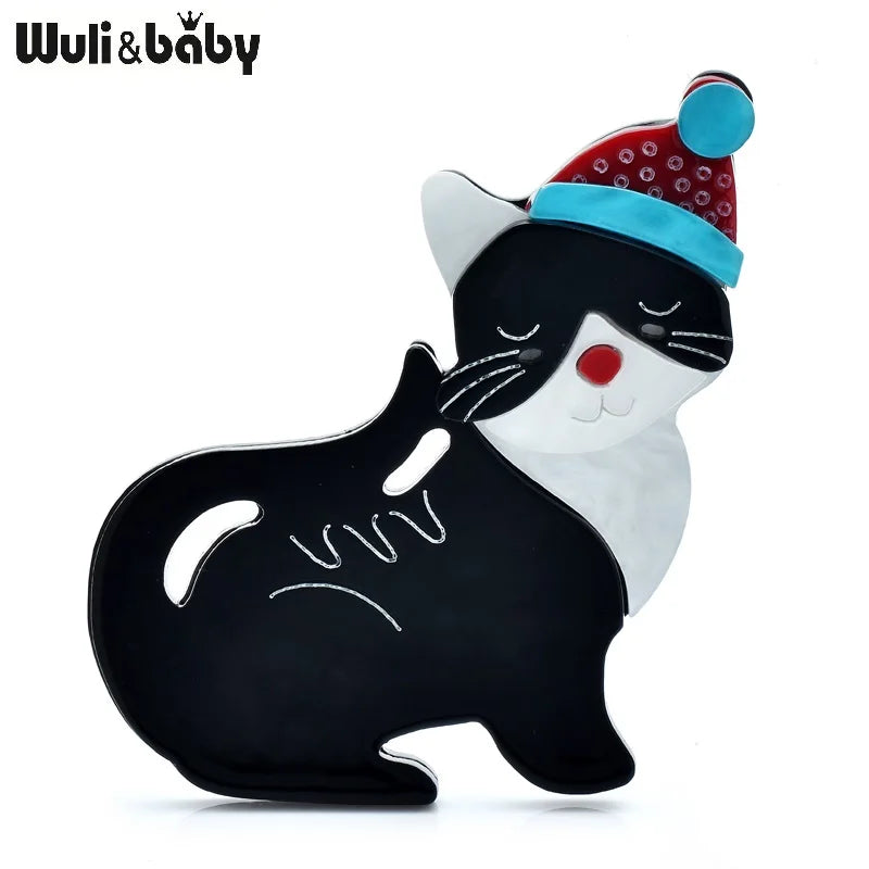Wuli&baby Acrylic Cute Black Cat Brooches For Women Unisex Happy Wear Christmas Hat Pets Animal New Year Brooch Pins Gifts