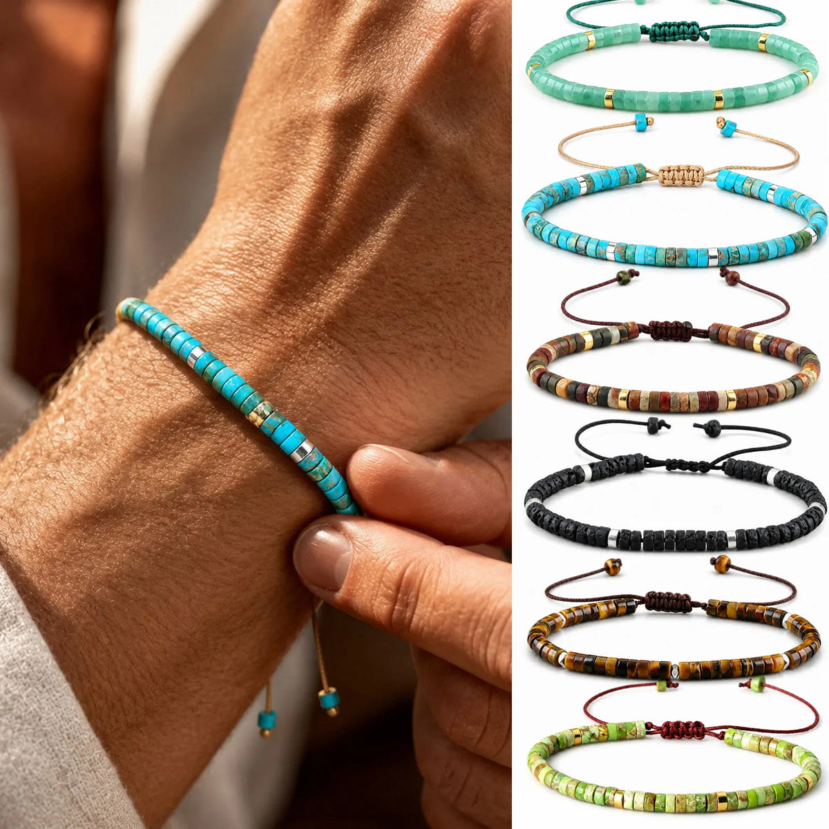 Bohemian Natural Stone Beads Bracelet for Men,Handmade Turquoise Adjustable Rope Wristband,Summer Trendy Jewelry Gift