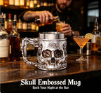 Halloween Spooky Skull Stein Mug 3D Relief Skeleton Pattern Stainless Steel Inner Tank Gothic Pub Bar Whiskey Wine Drink Cup