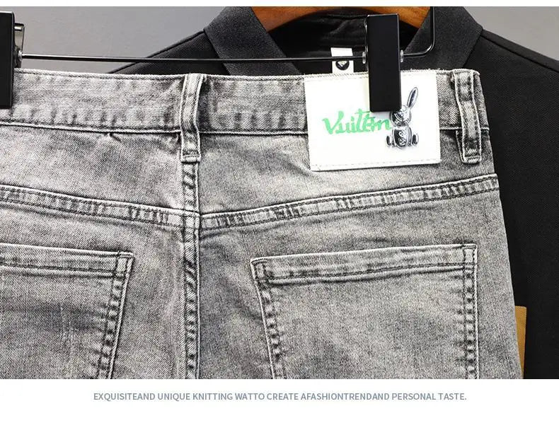 Korean Fashion Kpop Men's Casual Streetwear Boyfriend Designer Denim Shorts with Rabbit Embroidery for Summer Grey Short Jeans