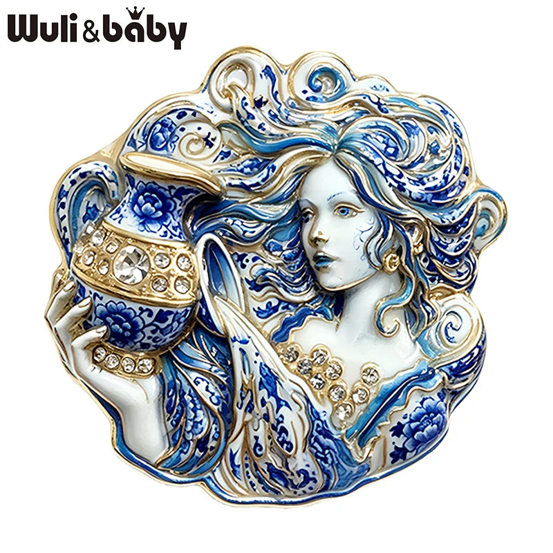 Wuli&baby Charming Aquarius Lady Brooches For Women Unisex 2-color Rhinestone Zodiac Sign Character Party Office Brooch Pin Gift