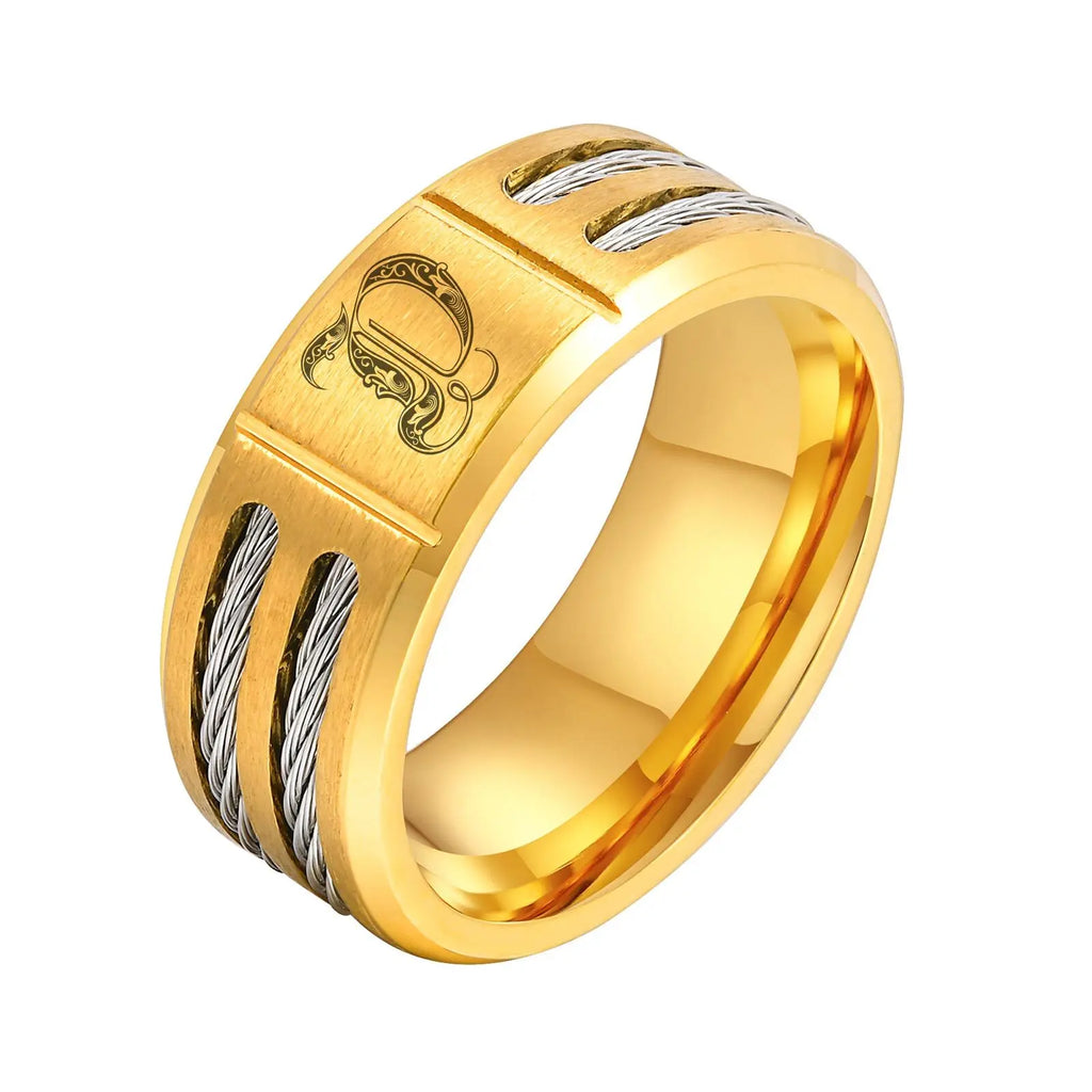 Chunky A-Z 26 Initials Ring for Men,Gold Color Stainless Steel Alphabet Ring with Wire,Stylish Wedding Jewelry Gifts for Him
