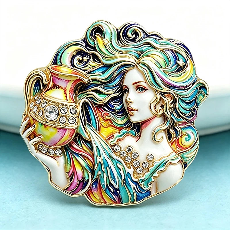 Wuli&baby Charming Aquarius Lady Brooches For Women Unisex 2-color Rhinestone Zodiac Sign Character Party Office Brooch Pin Gift