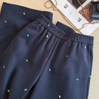 Design sense contrasting color embroidery casual pants women in winter elastic waist straight high waist wide leg pants